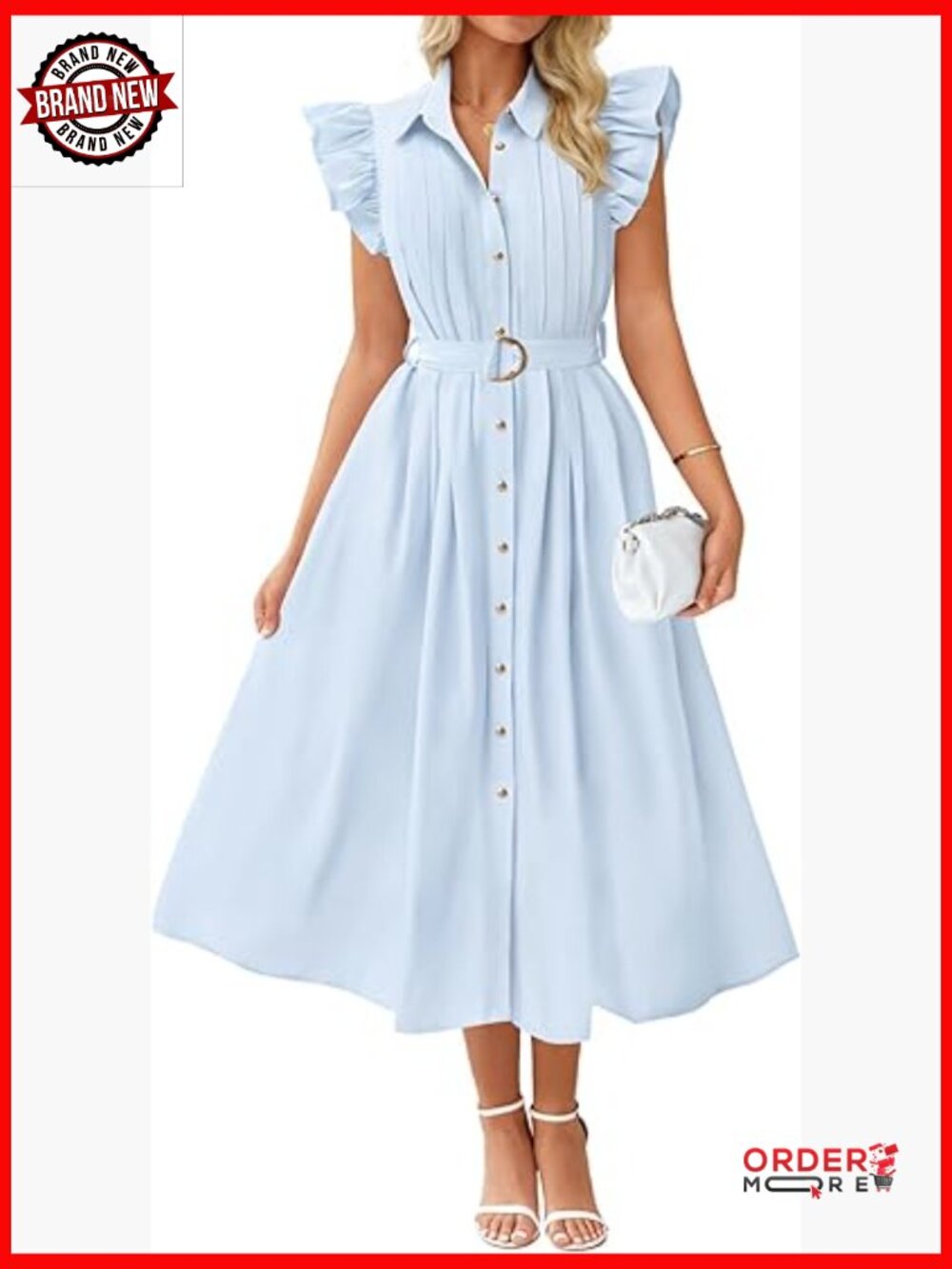 Flutter Short Sleeve Midi Dress with Pockets Belted Business Casual Work Dress - Picture 1 of 7